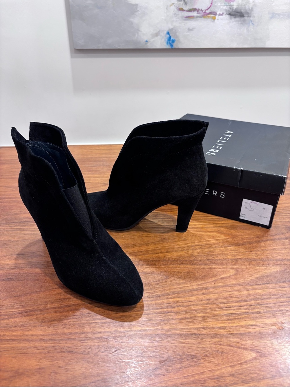 Ateliers "Vander" Black Suede Split-Front Ankle Booties - Size 39 / US 8.5